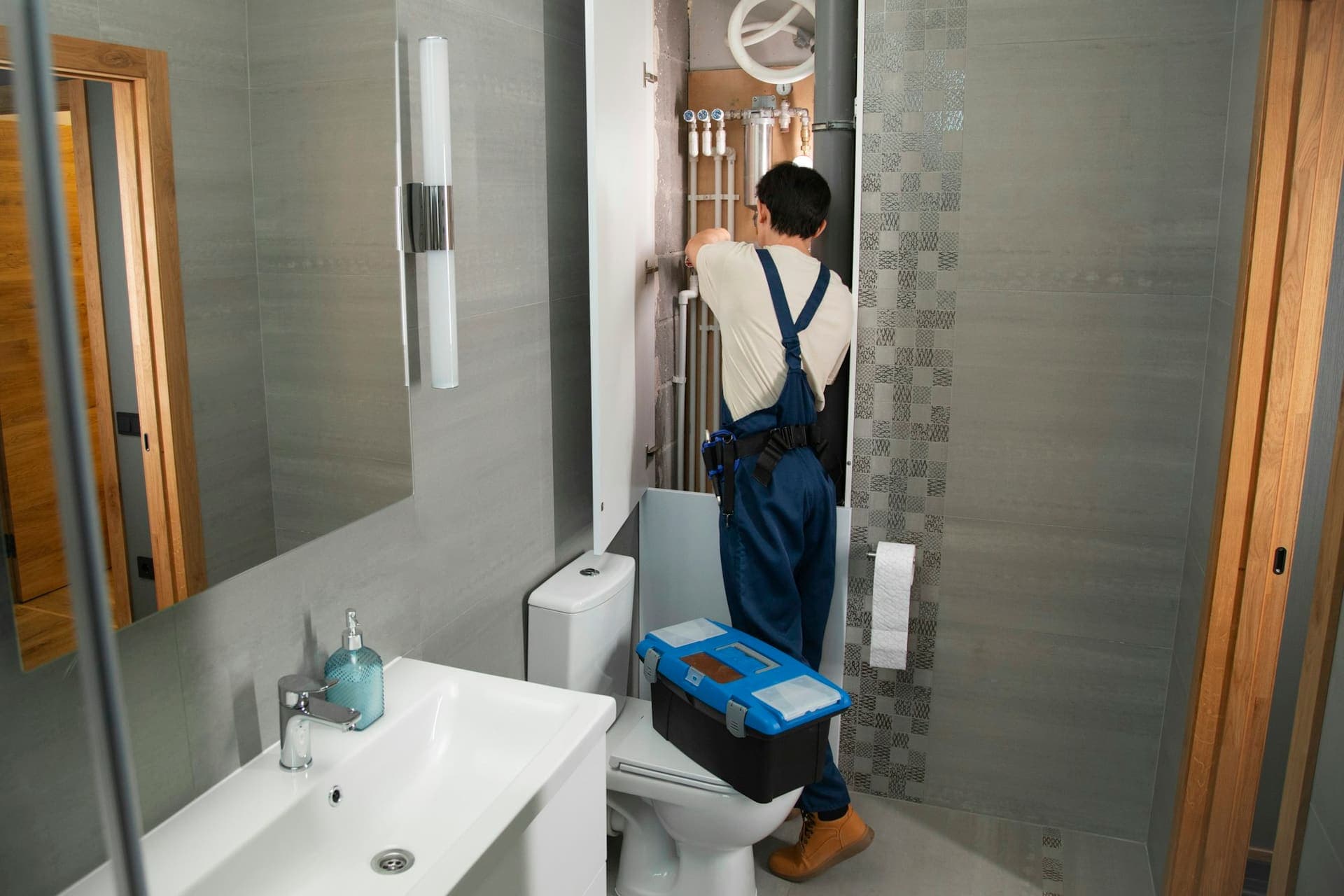 Loodgieter aan het werk in een badkamer met zijn gereedschapskist